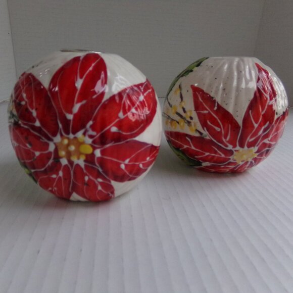 Vintage Christmas Bella Casa Ganz Ceramic Taper Candle Holders Poinsettia Shiny - Picture 2 of 15